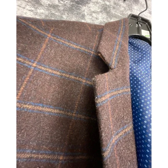 Bachrach Mens 42L Brown Tan Blue Windowpane Wool Blend Sport Coat Jacket